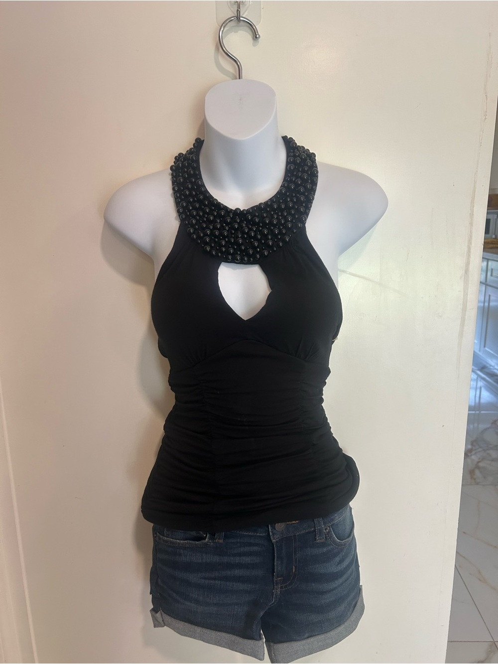 Black Beaded Halter Neck Tank Top